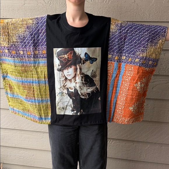 Upcycled Tops - Colorful Patchwork Kimono with Graphic Tee